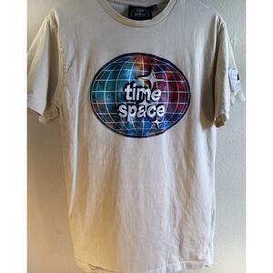 Time + Space Graphic Tee Men's Medium Cream Y2K Embroidered Globe Galaxy Star